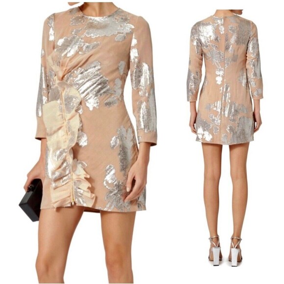 Self Portrait Dress Metallic Fil Coupe Ruffle Mini Beige Tan Silver Cocktail 4 - Picture 1 of 15